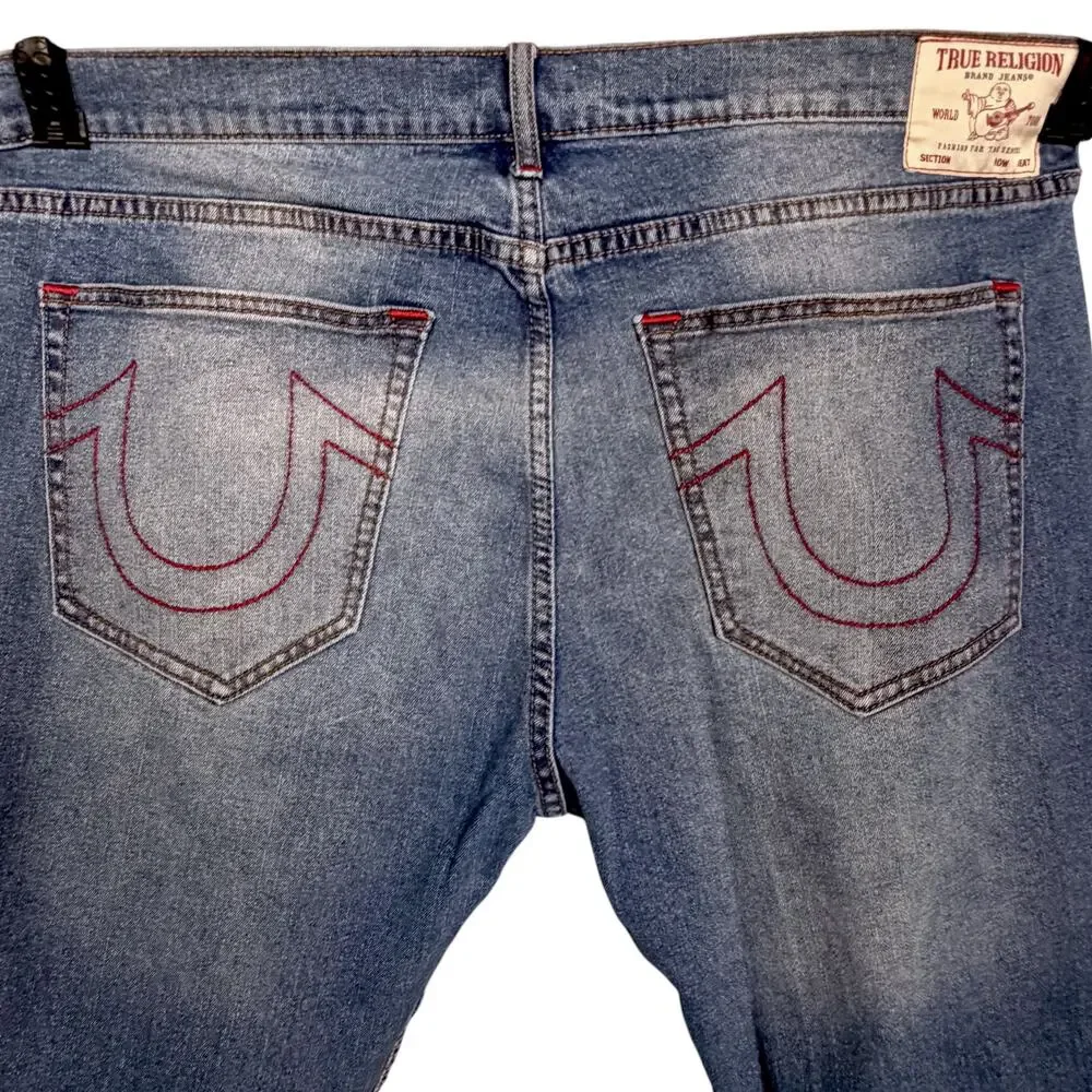 True Religion Rocco Moto Jeans Mens 38x33 Blue Denim Cotton Relaxed Skinny Fit